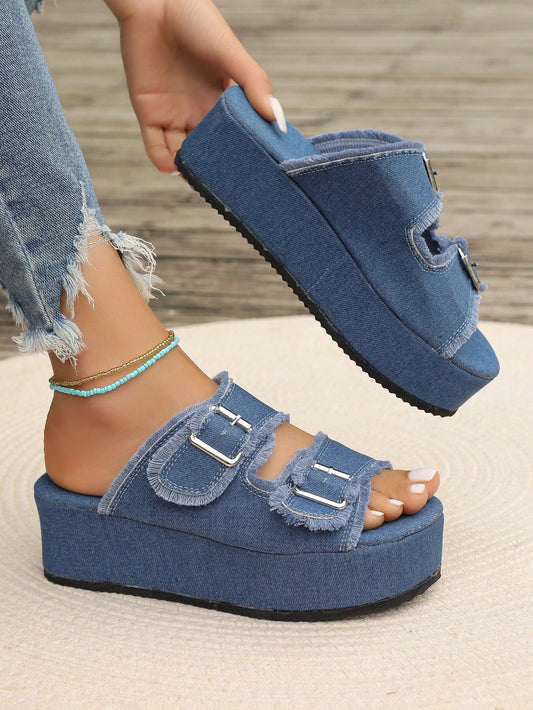 Women's Buckle Decorated Outdoor Casual Sandals, Wide Brim Wedge Heel And Thick Bottom, Fashionable, For Beach And Holiday