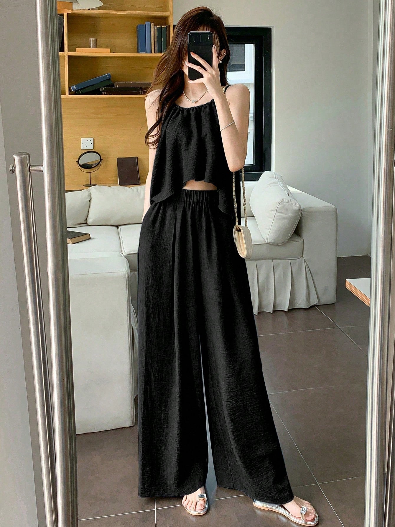 Women Summer Solid Color Asymmetrical Hem Camisole Top And Casual Pants Set