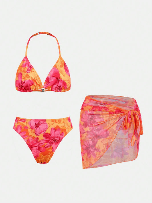 Teen Girl Orange Flower Printed Swimsuit With Bikini Bottoms And Tied Swim Skirt 3pcs/Set