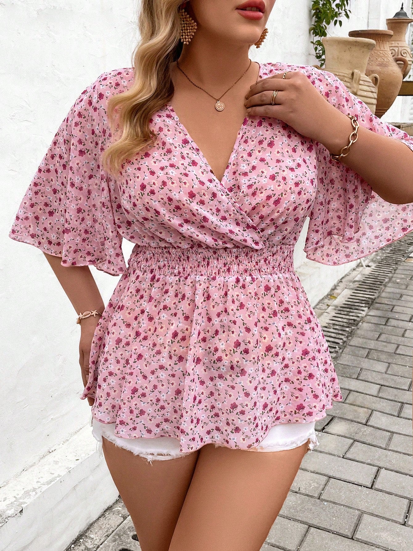 Plus Size Floral Print Ruffle Sleeve Vacation Style Spring/Summer Shirt With V Neckline