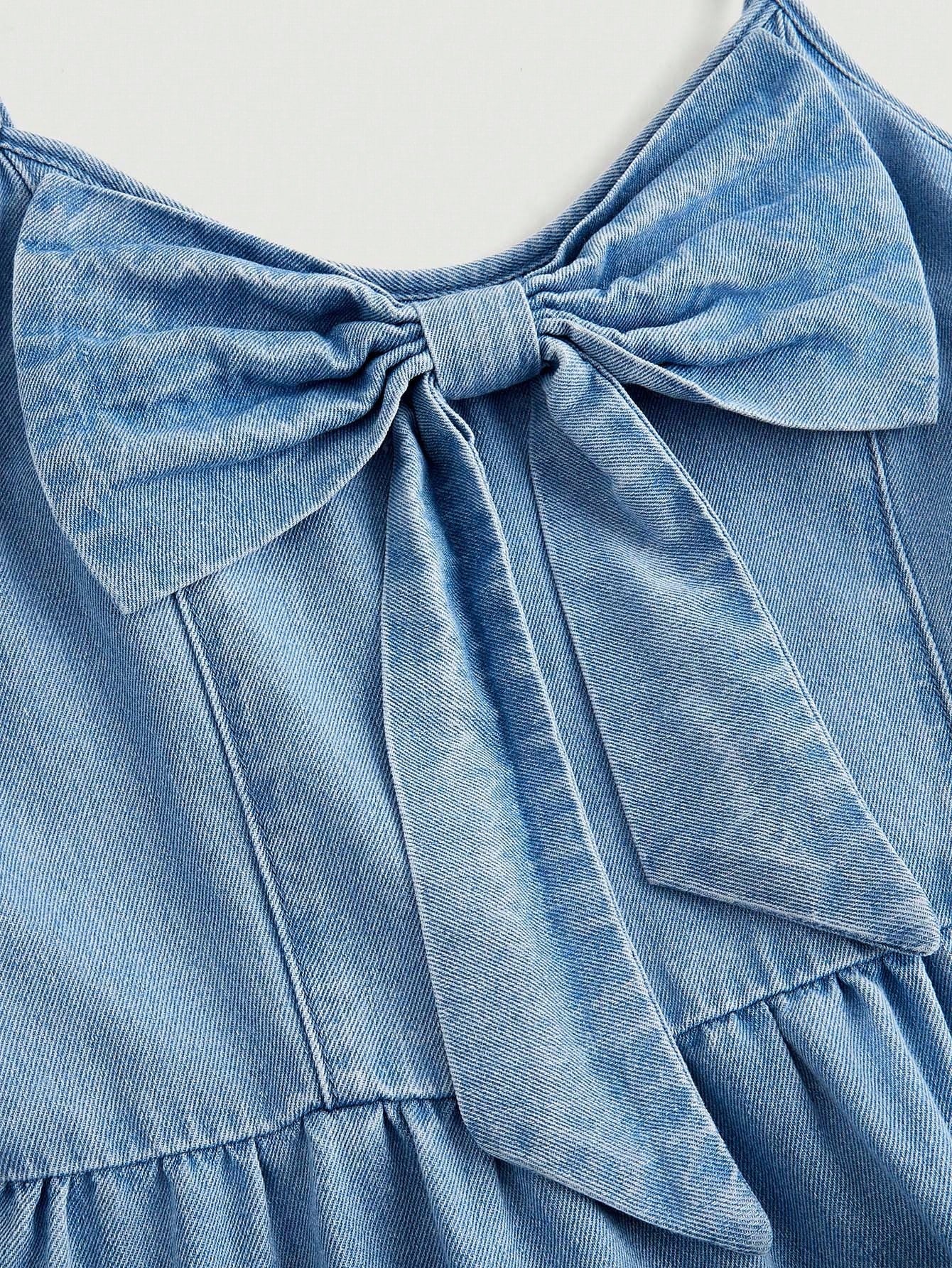 Teen Girl Sweet Bowknot Decor Waistline Empire Royal Style Vacation Mid-Length Cami Denim Dress For Summer Outfits