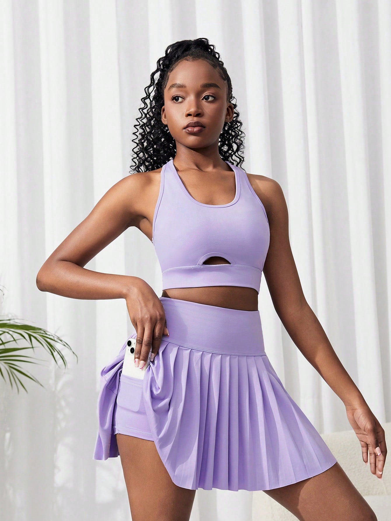 Teen Girl Halterneck Hollow Out Vest & Pleated Skirt & Safety Shorts Sports Outfit