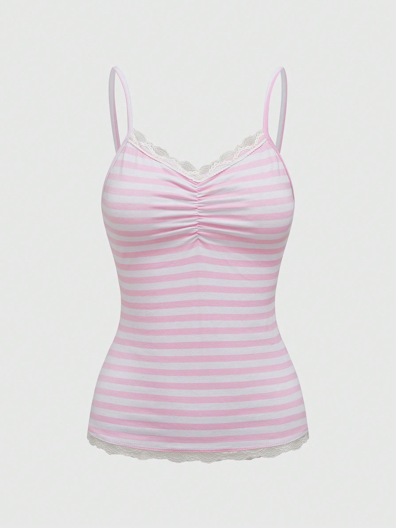 Lace Trimmed Pink Striped & Floral Printed Camisole With Thin Shoulder Straps