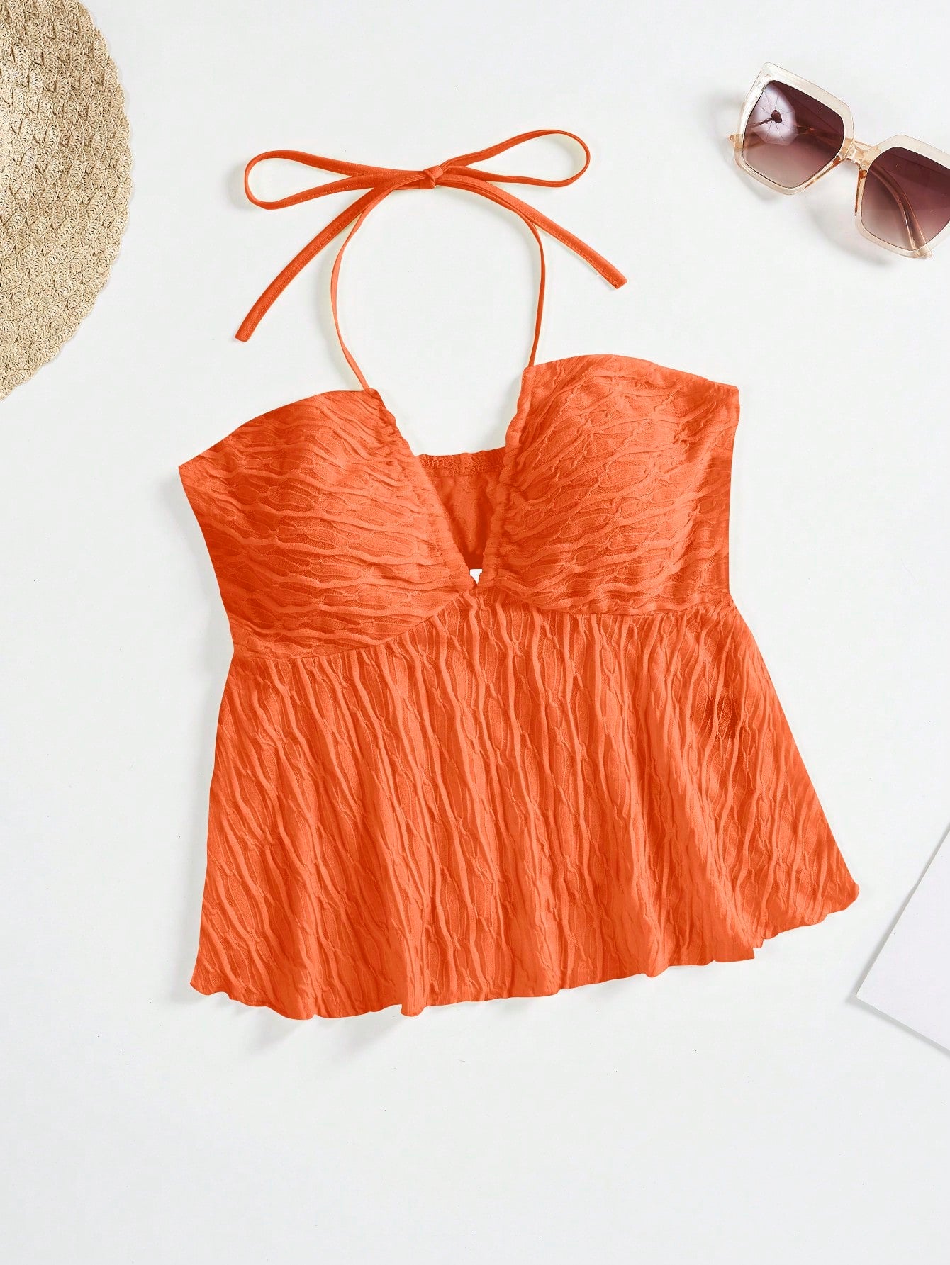 Solid Texture Halter Neck Camisole Top With Ruffle Hem