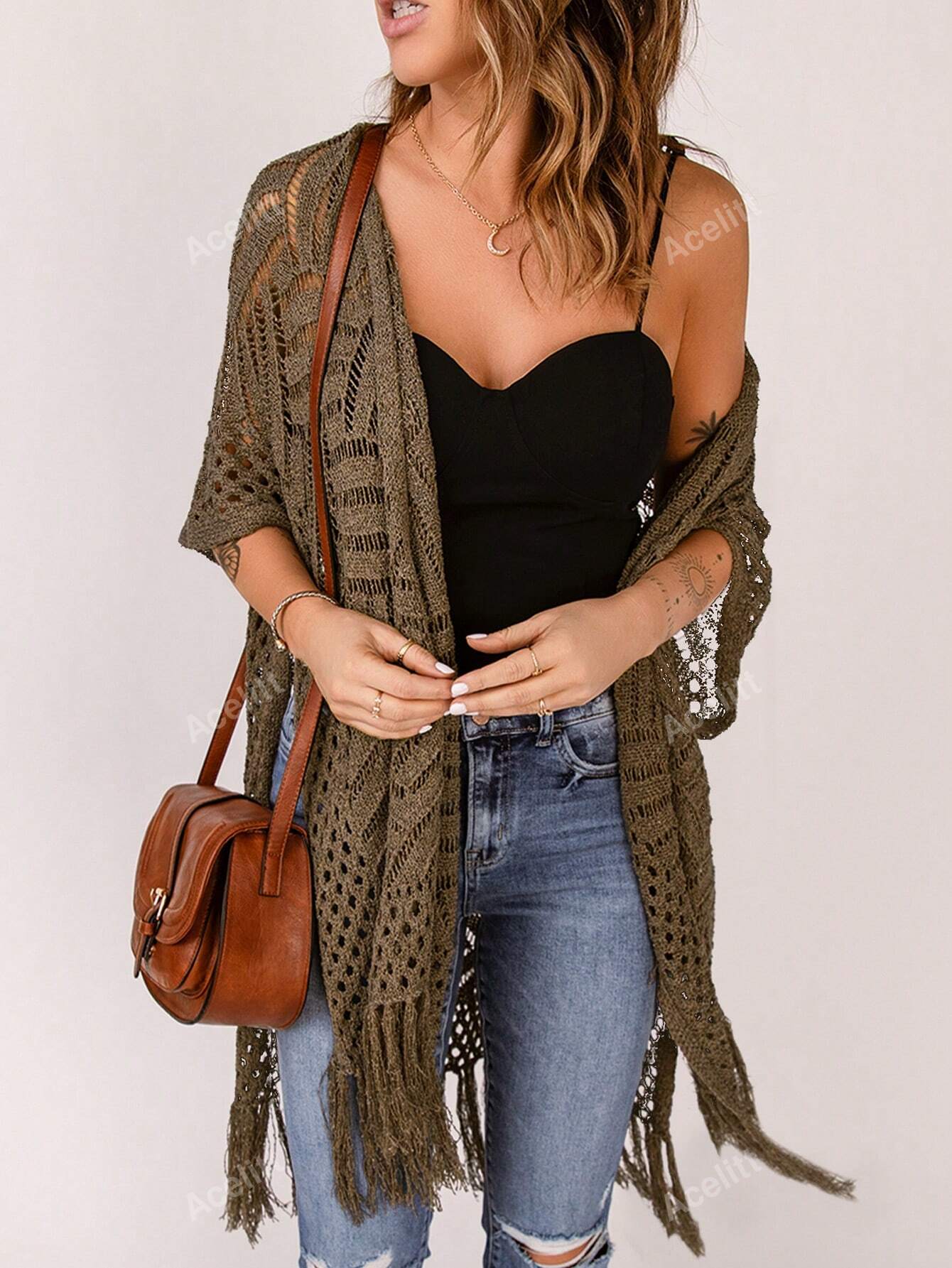 Acelitt Fringe Hem Hollow Out Kimono