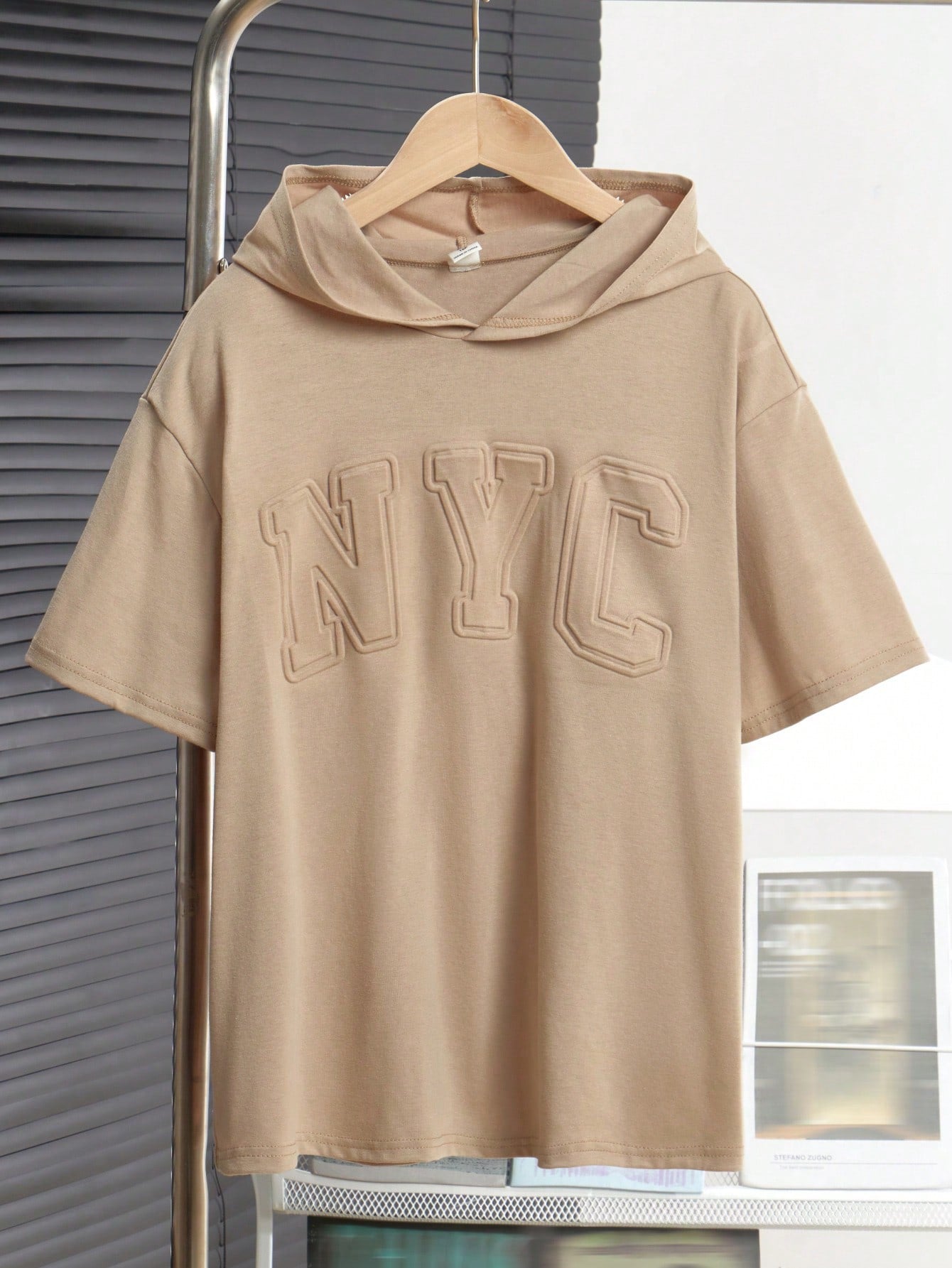 Tween Boys' Extended Size Casual Hooded Short Sleeve Knit T-Shirt With 3D Pressed Letter Pattern