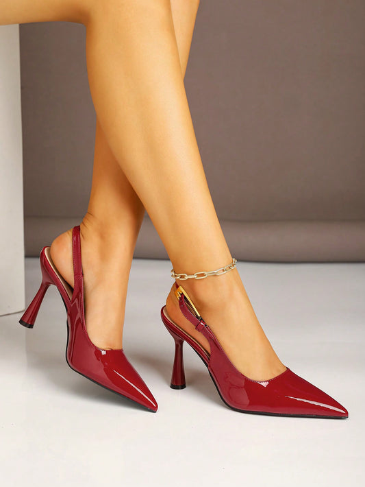 Women High Heel Pointed Toe Fashion Stone Texture Backstrap Slingback Pumps