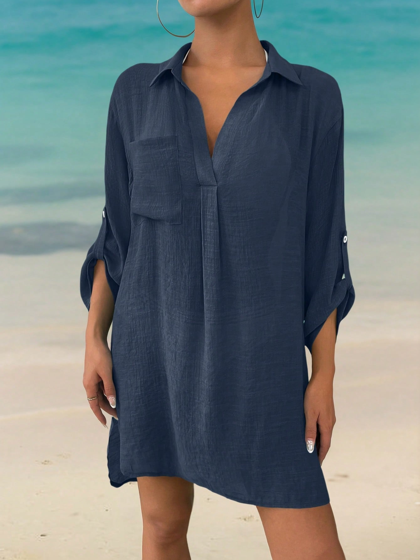 Swim Solid Roll Up Sleeve Pocket Patched Cover Up,Summer Beach