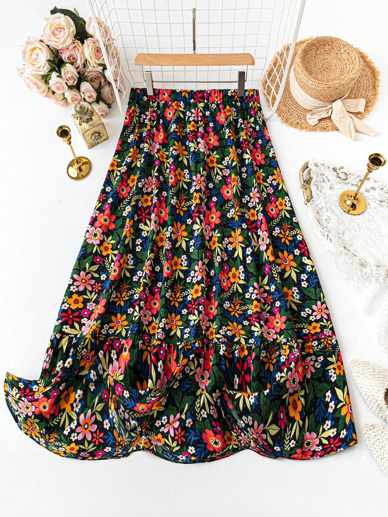 Floral Printed Asymmetric Hem Summer Casual Vacation Style Long Skirt With Ruffle Hem