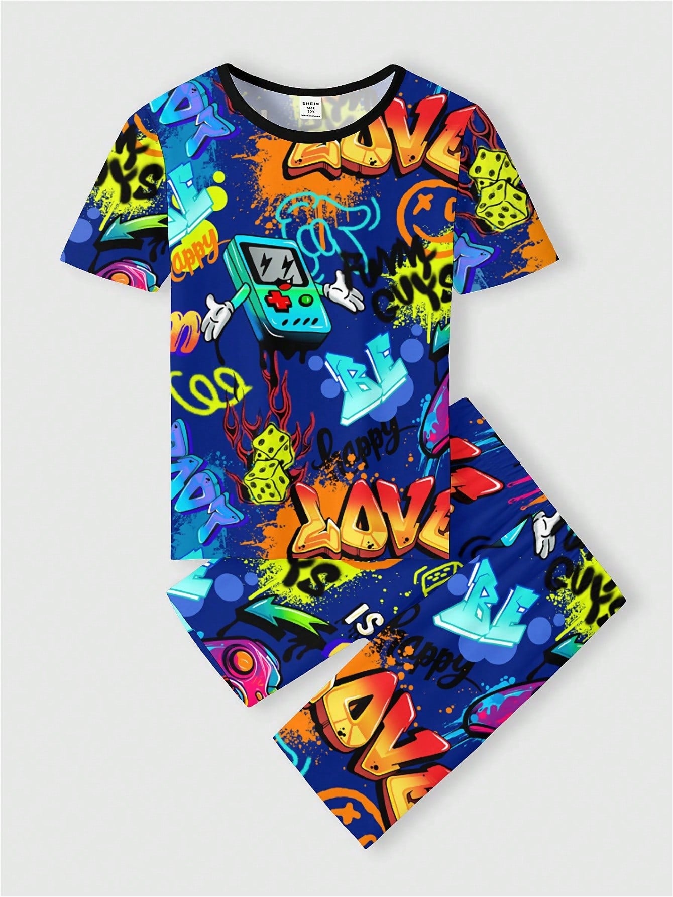 Tween Boy Casual Simple Cartoon Game Console Patterned Short-Sleeve T-Shirt And Long Pants Home Suit, Spring/Summer, Snug Fit