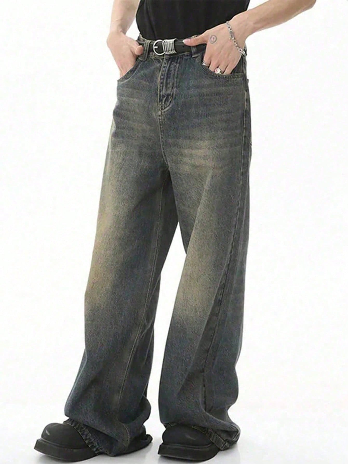 Men Slant Pocket Straight Leg Jeans Without Belt