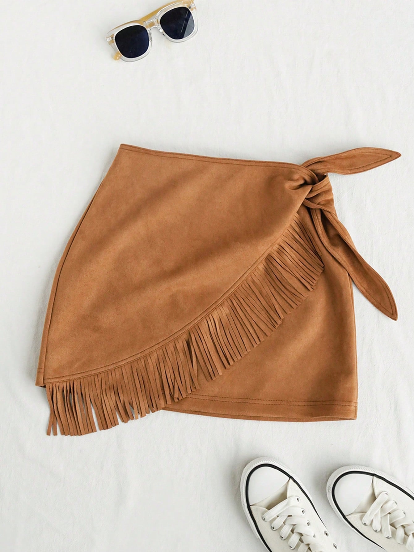 Women's High-Waist Faux Suede Fringe Tassel Knotted Short Skirt