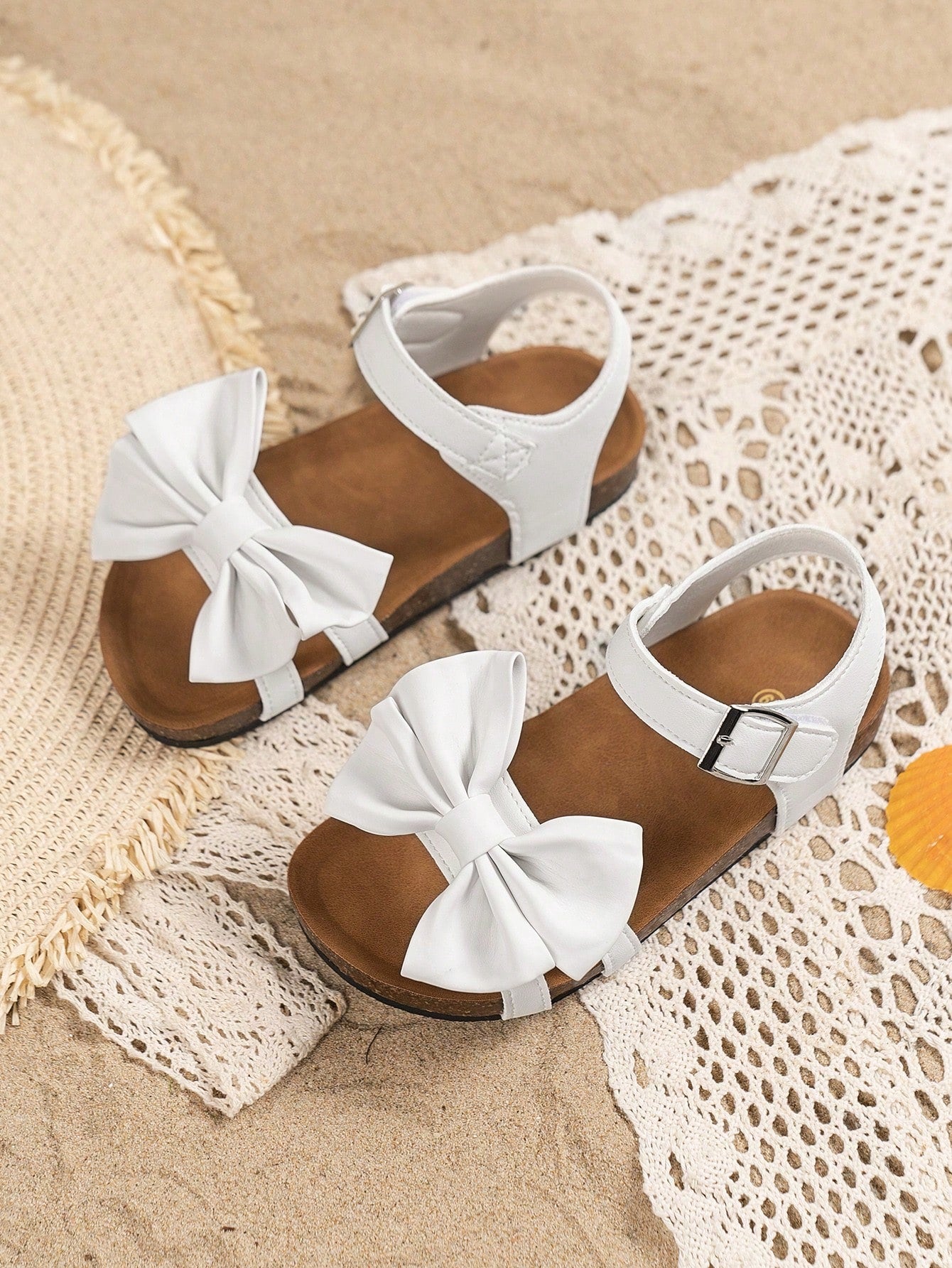 1pair Girls' Summer Flat Sandals With Solid Color, Simple Print, Bowknot Decor, Open Toe, Breathable And Fashionable Soft Bottom Beach Shoes