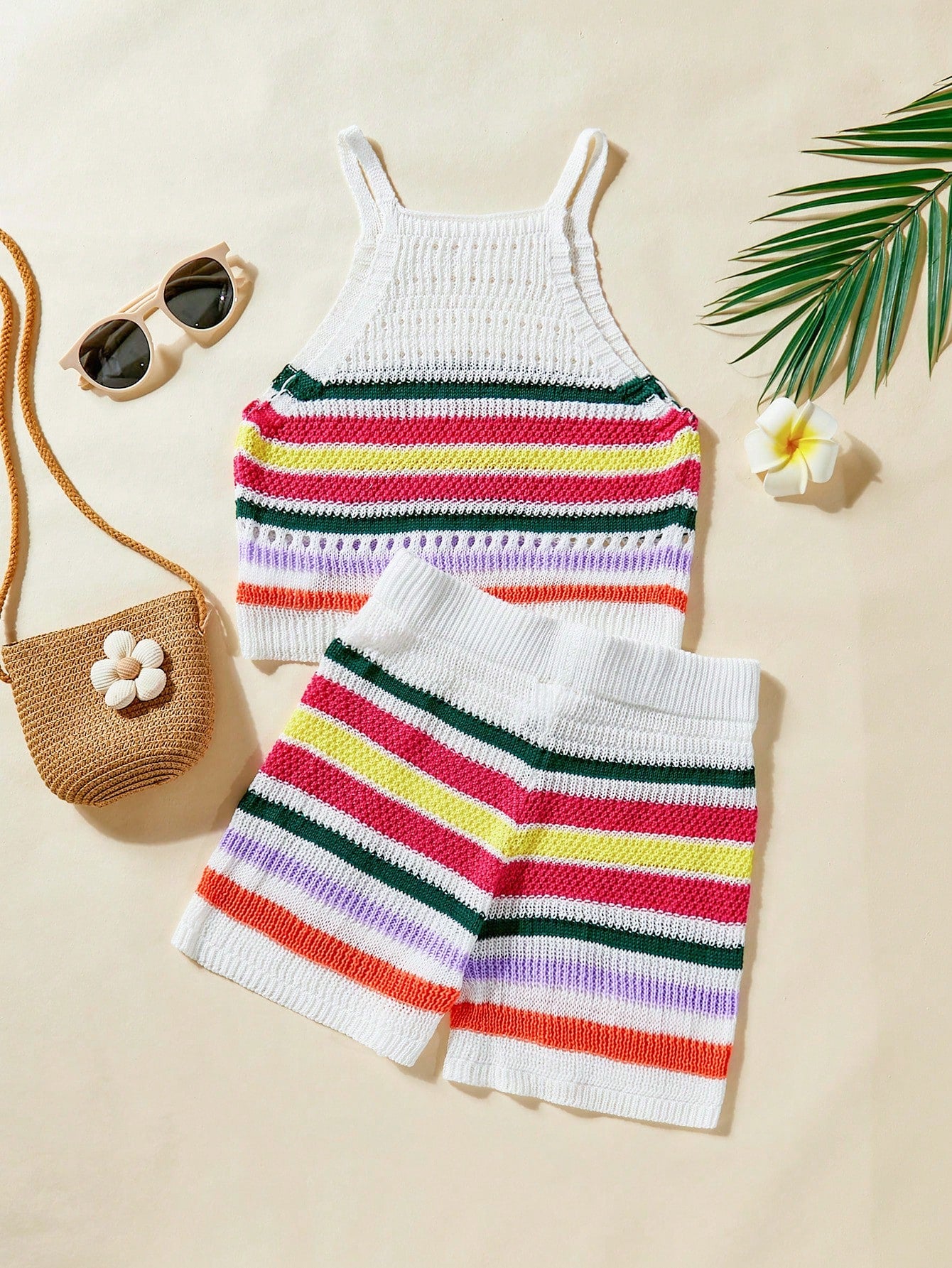 Tween Girl Vacation Striped Sleeveless Vest, Pants And Sweater Set With Halter Neck