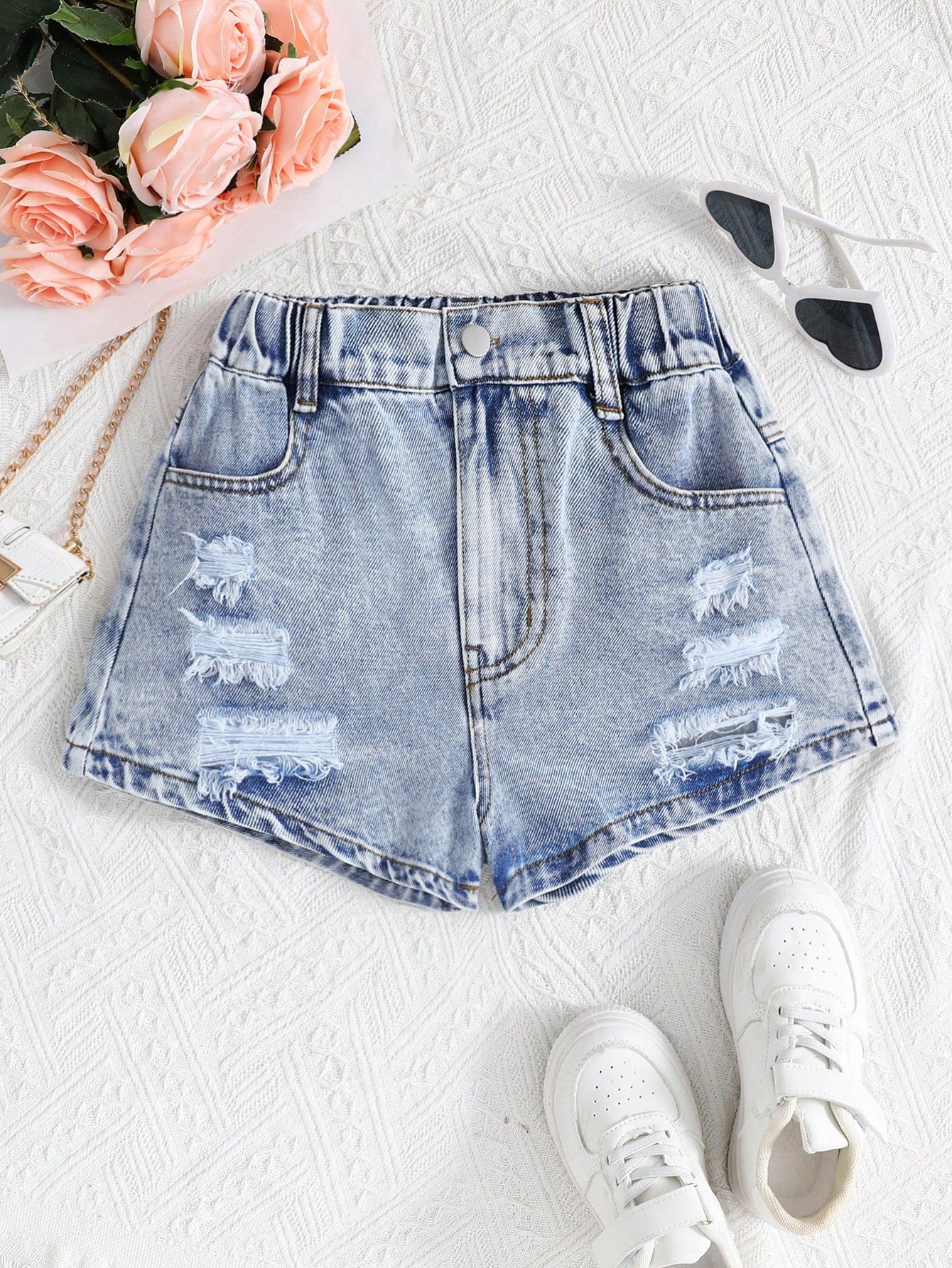 Tween Girl Fashionable Distressed Elastic Waist Denim Shorts With Trendy Design For Everyday Wear, Summer