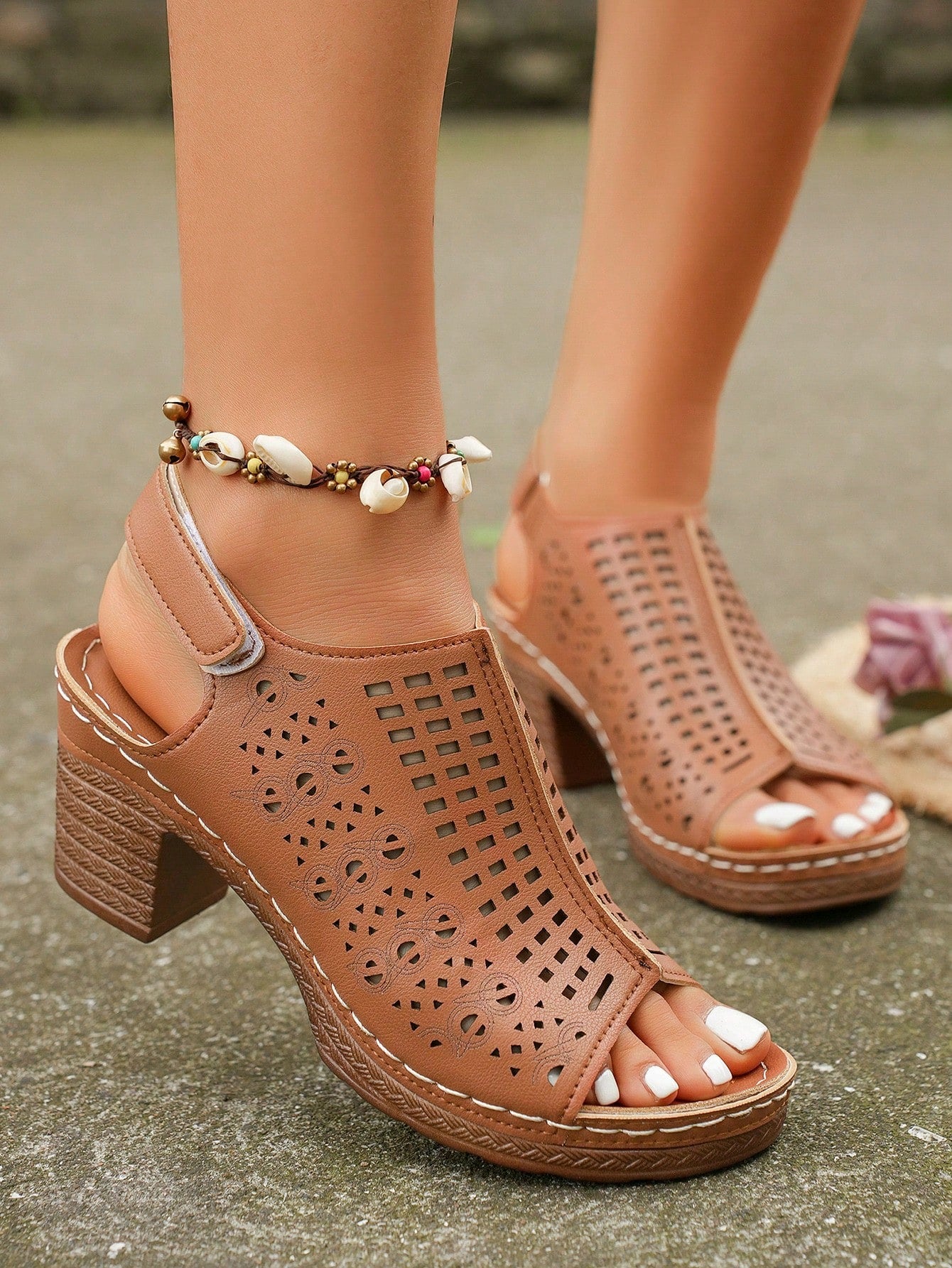 2024 New Summer Women Chunky Heel Fish Mouth Sandals With Hollow Out Breathable Design, French Style High-Heeled Sandals