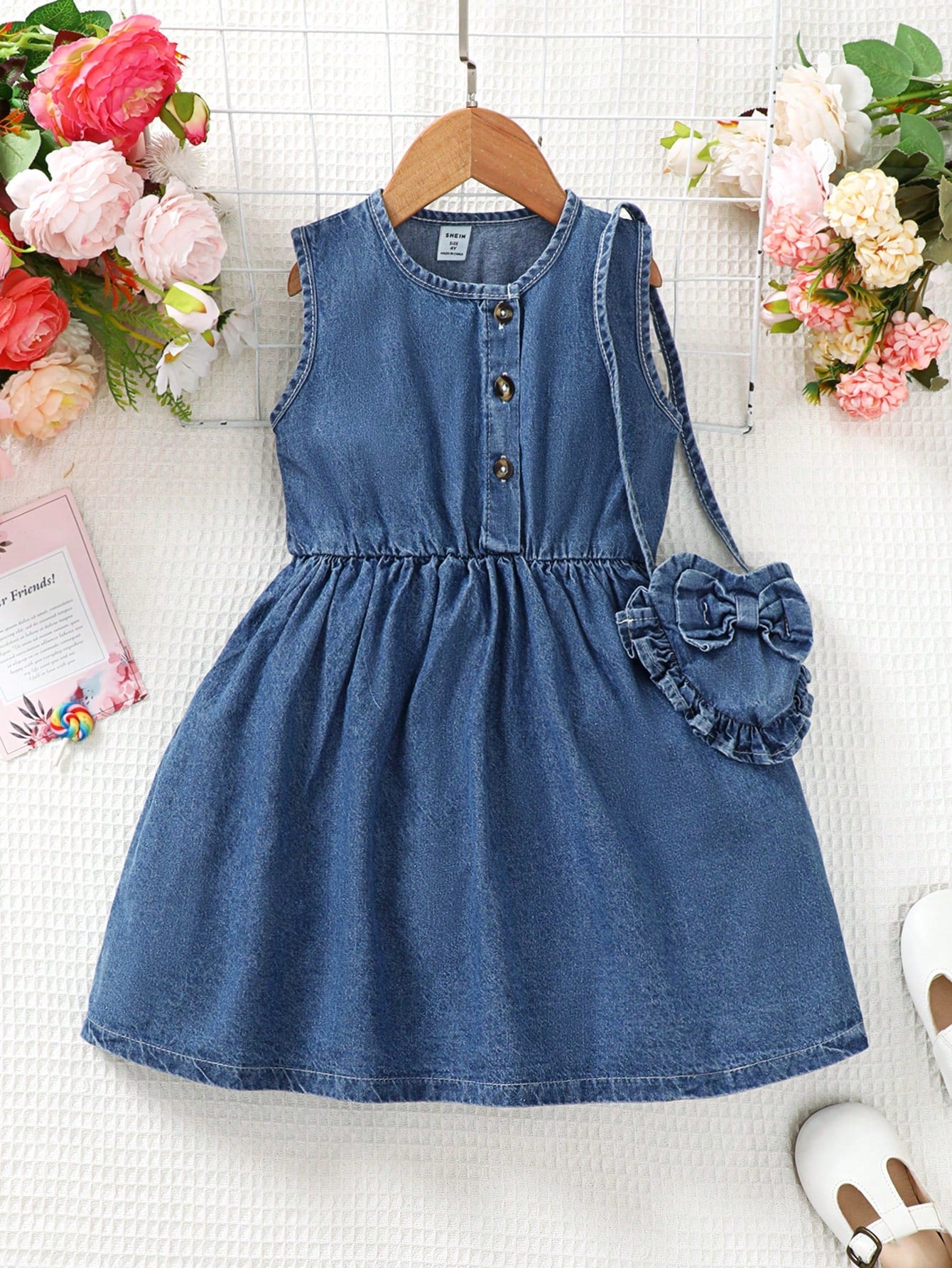 Kids Young Girl Button Front Denim Dress