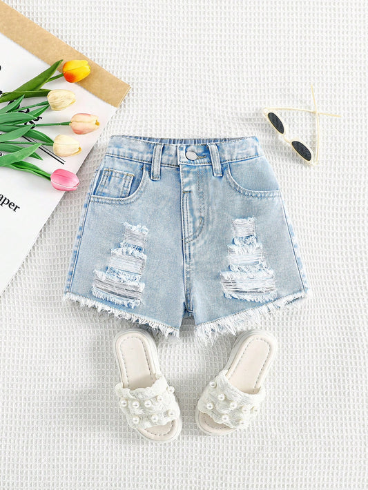 Young Girl Casual Denim Shorts With Pockets, Ripped Design And Frayed Hem