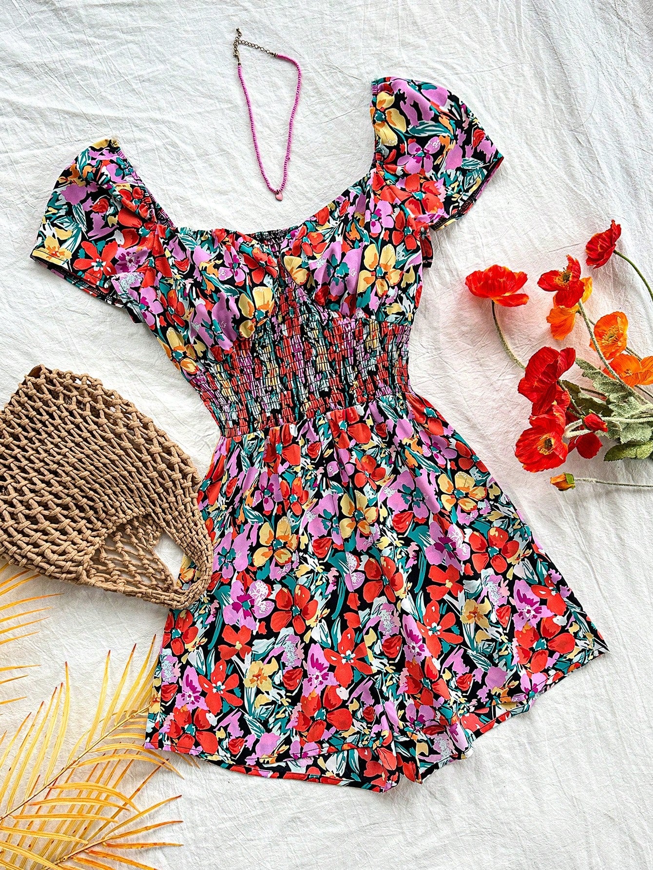 Floral Print Shirred Waist Romper