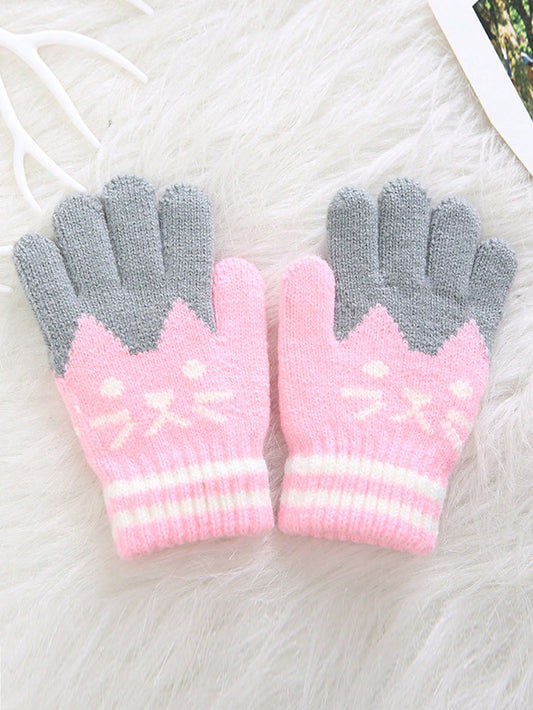 1 Pair 5-12 Years Old Kids Knitted Warm Gloves, Winter Lovely Korean Style Boy & Girl Mittens