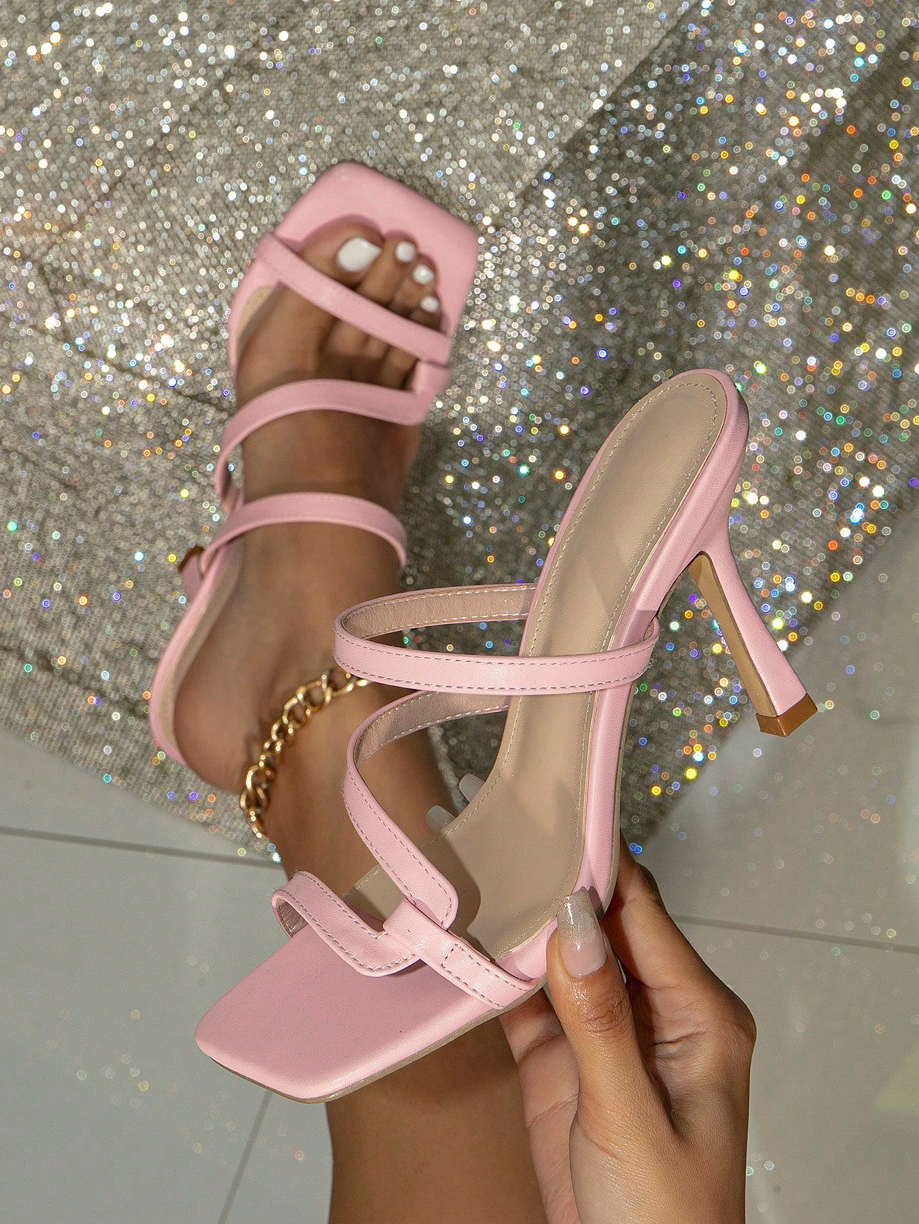 Women High Heels Square Toe Mules Shallow Pink Leather Elegant Style Sandals. Princess Pink Mules Sandals Women High Heels. Light Pink Mules Women Leather Rhinestone High Heels Female Slippers Shoes