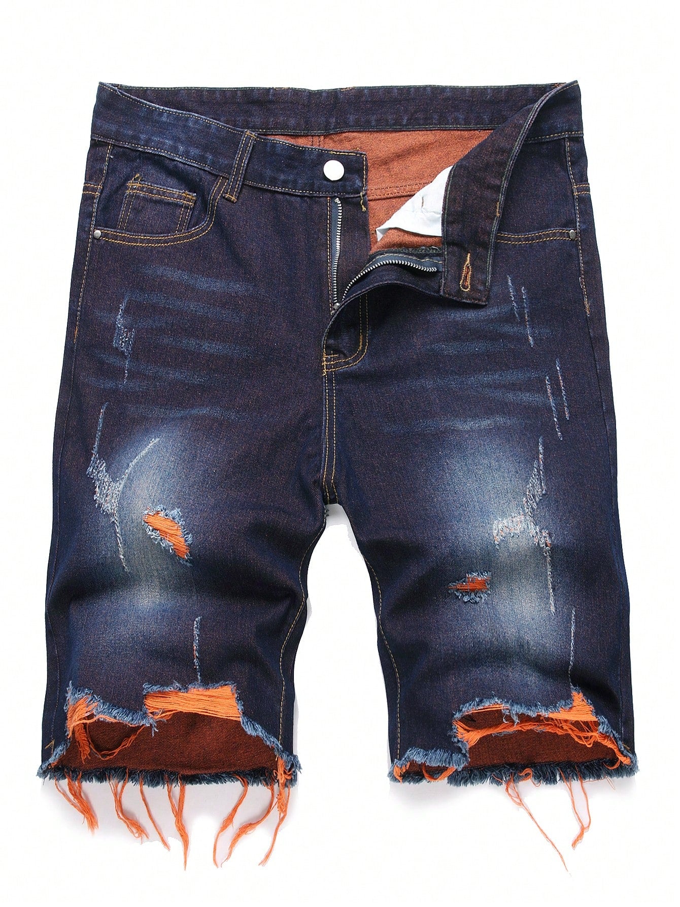 Men's Solid Color Frayed Denim Shorts With Pockets And Distressed Details, Summer