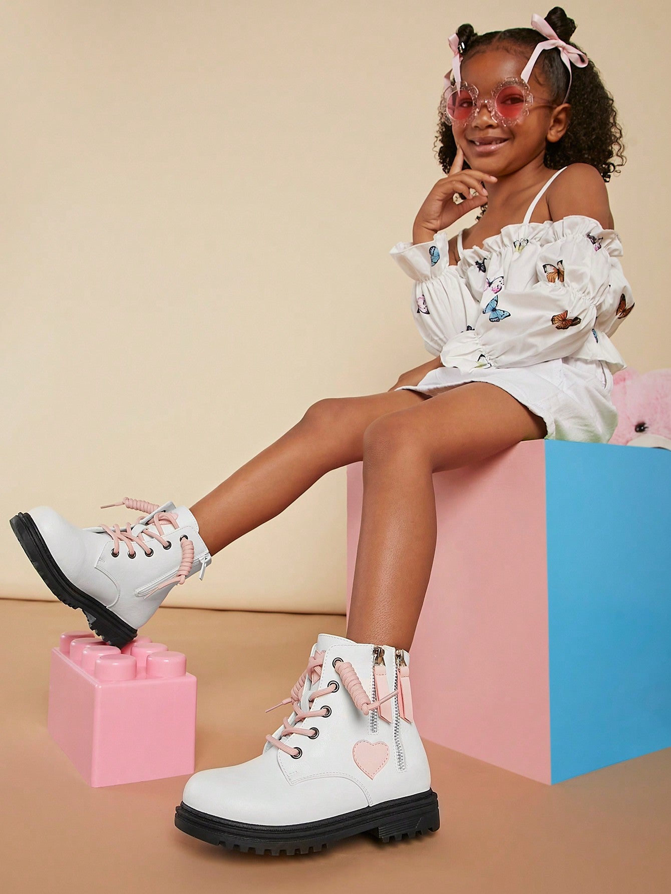 Mini mi Trendy Kids White Pink Cutest Combat Booties With Love-Easy On/Off Zippers,Comfort, Durability, Heart Design. Perfect For All Occasions.