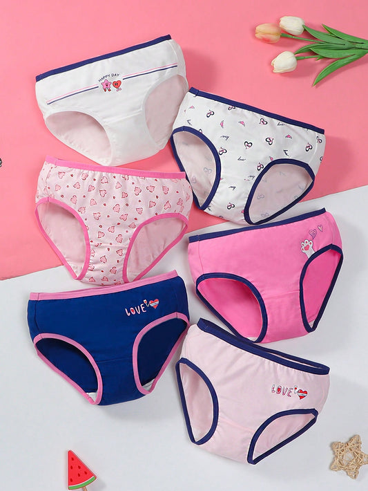 Tween Girl 6-Pack Triangle Panties With Heart Print, Color-Blocking, And Edging Design