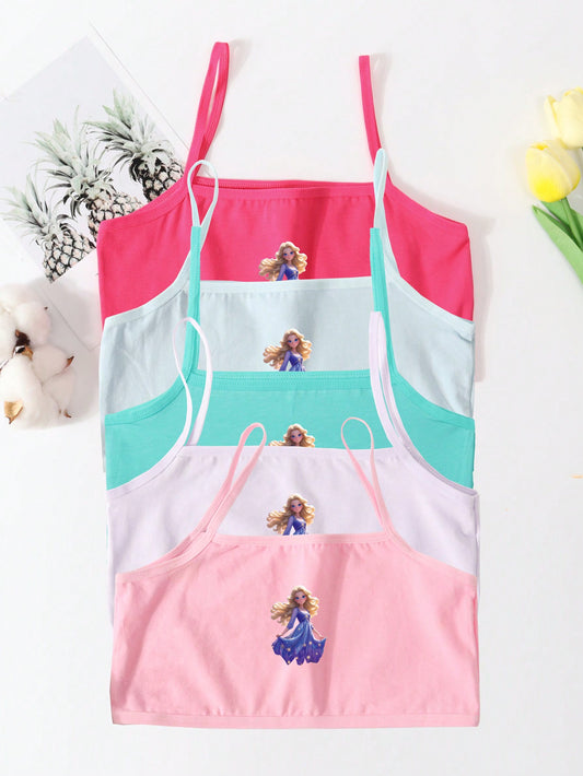 Young Girl 5pcs Cute Character Printed Casual Tank Tops