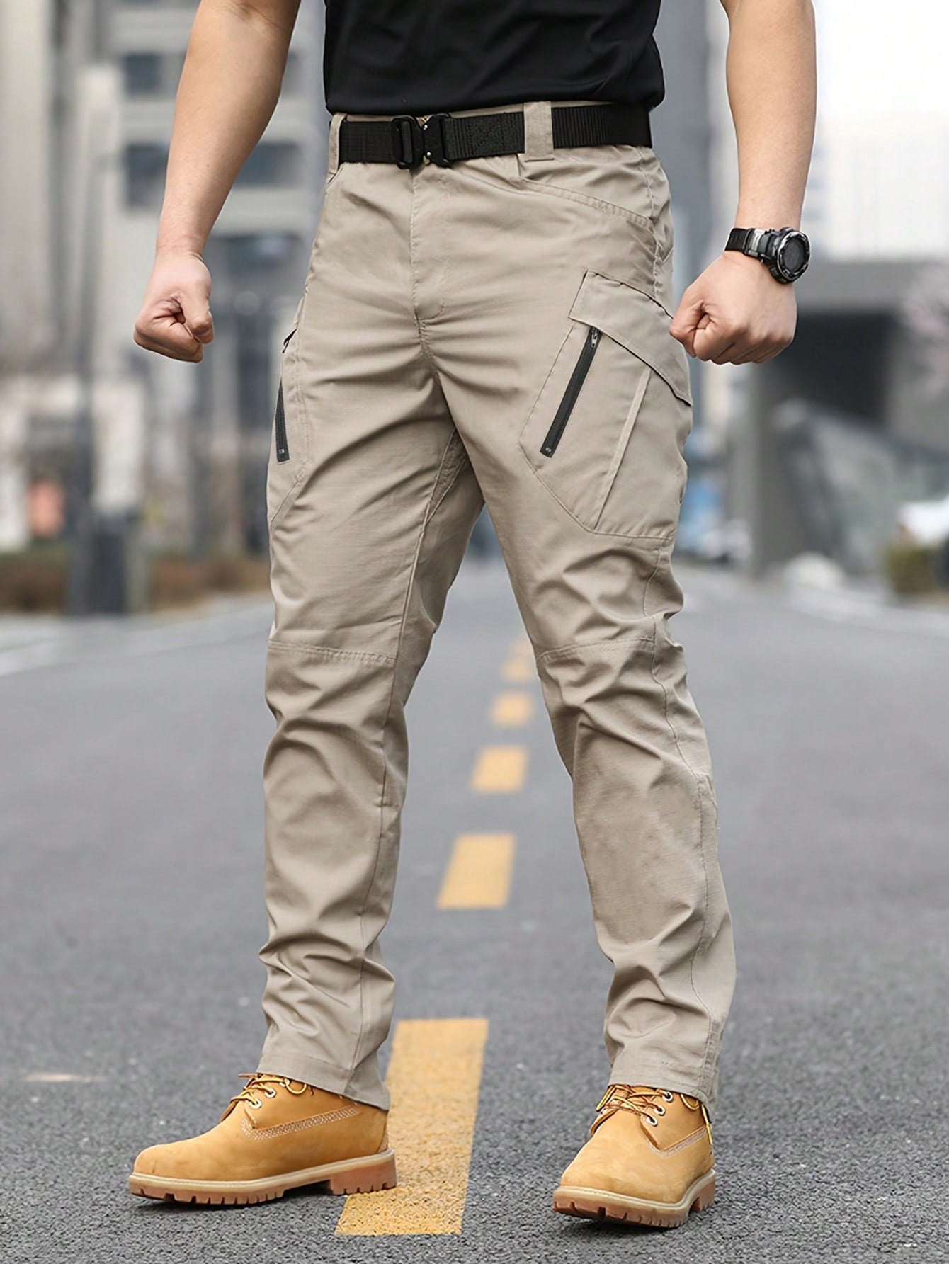 Men's Solid Color Drawstring Waist Zipper Pocket Elastic Cuff Casual Pants Tapered Long Cargo Plain Going Out