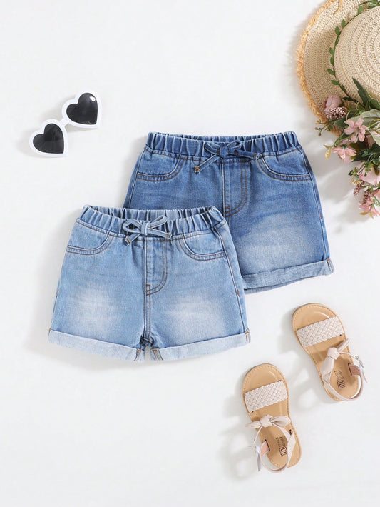 Young Girl Fashionable Summer Denim Shorts 2pcs/Set