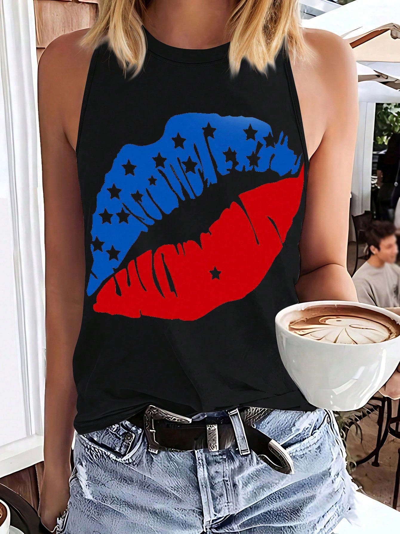 Simple Sun And Sunrise Print Casual Tank Top With Round Neckline