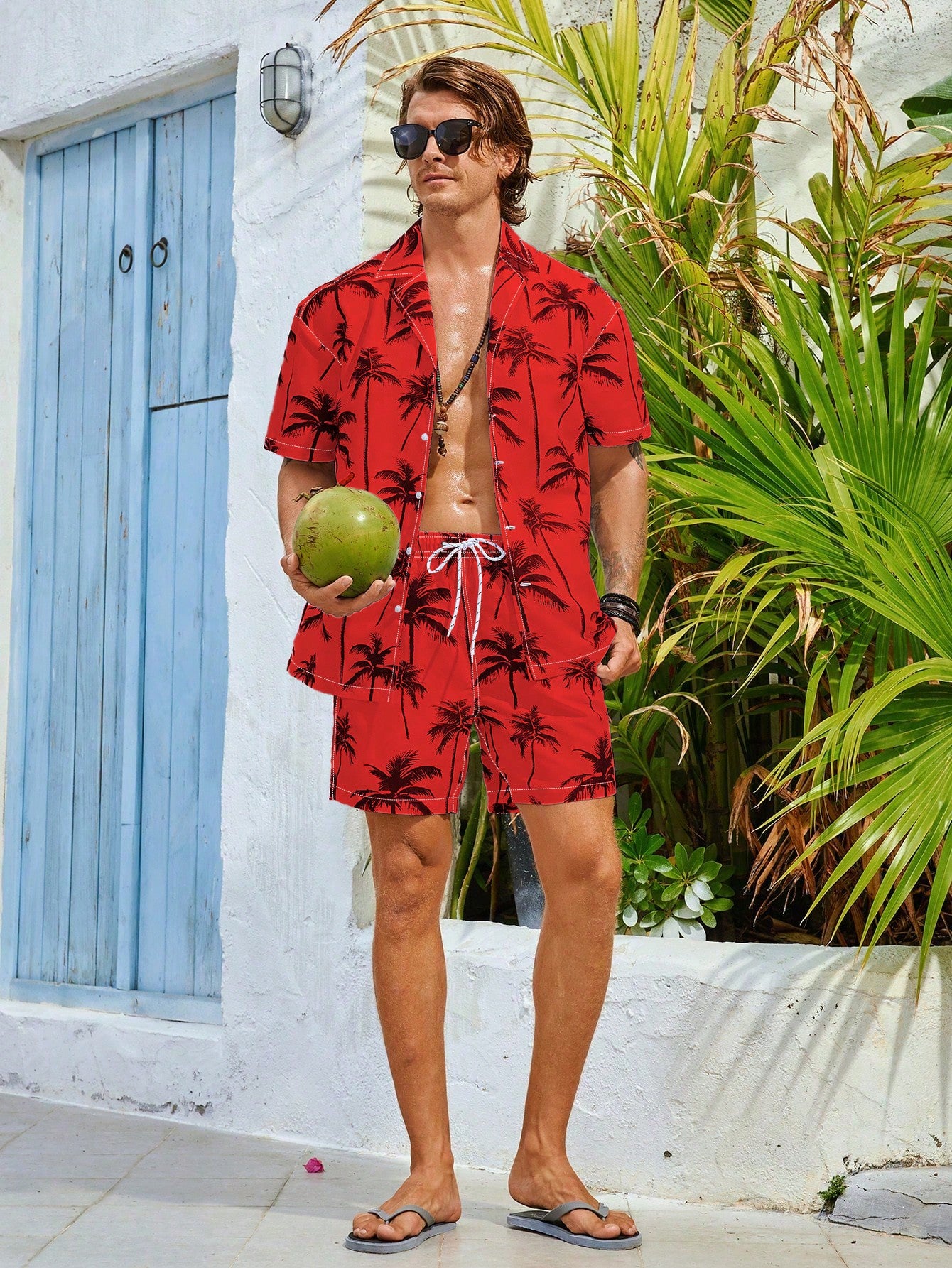 Men's Coconut Tree Printed Short Sleeve Shirt And Long Pants Beach Vacation Casual Set