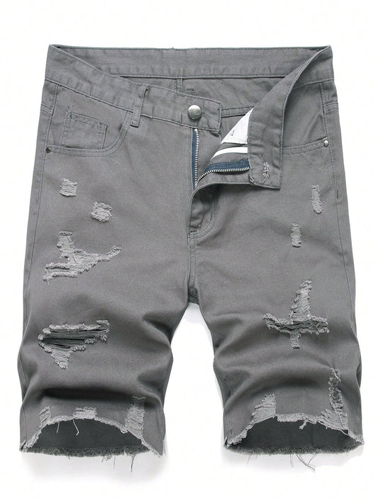 Men's Casual Denim Short With Distressed Design And Patched Pockets