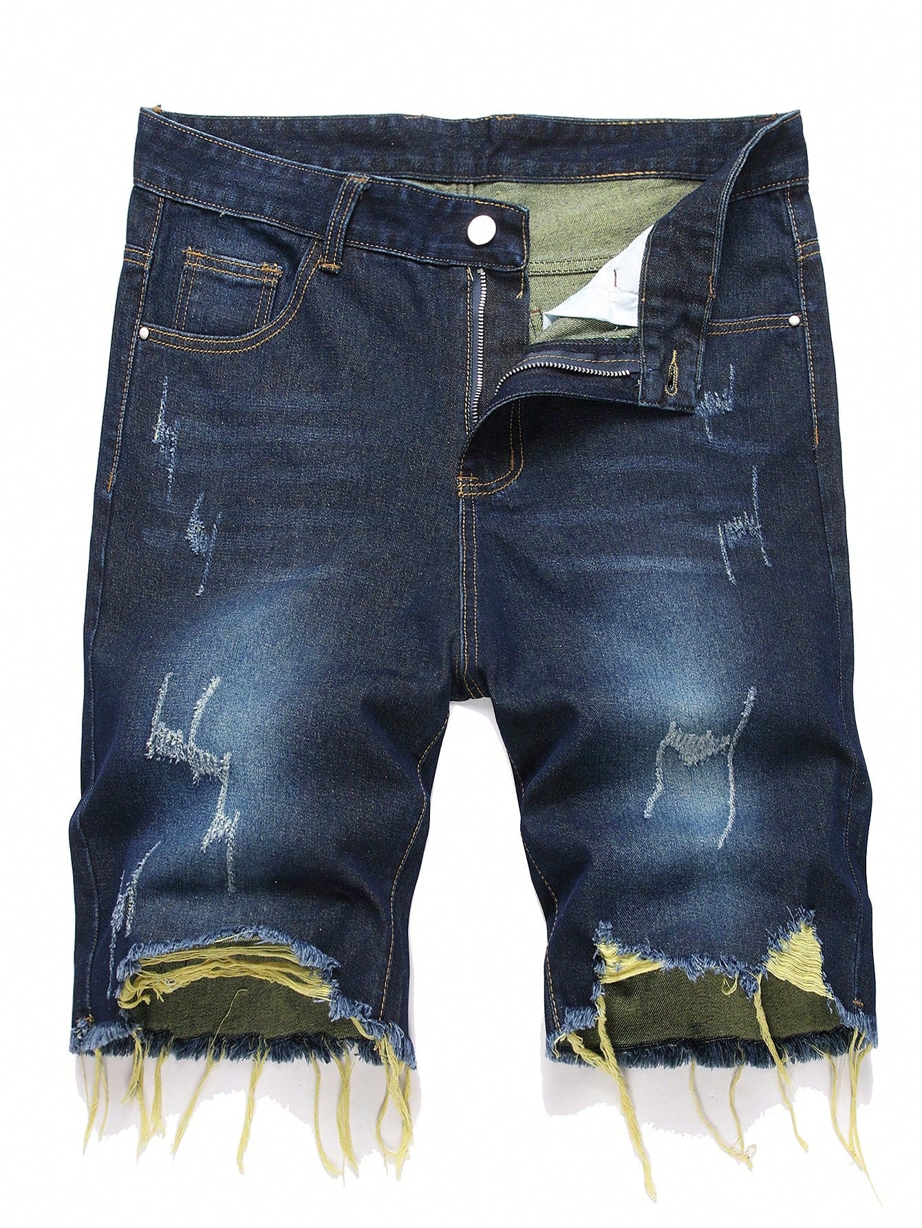 Men's Solid Color Frayed Denim Shorts With Pockets And Distressed Details, Summer