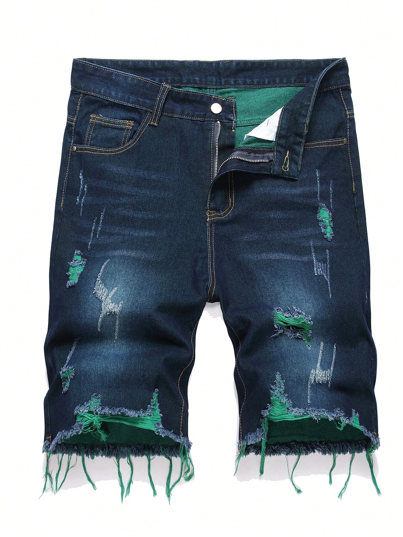 Men's Solid Color Frayed Denim Shorts With Pockets And Distressed Details, Summer