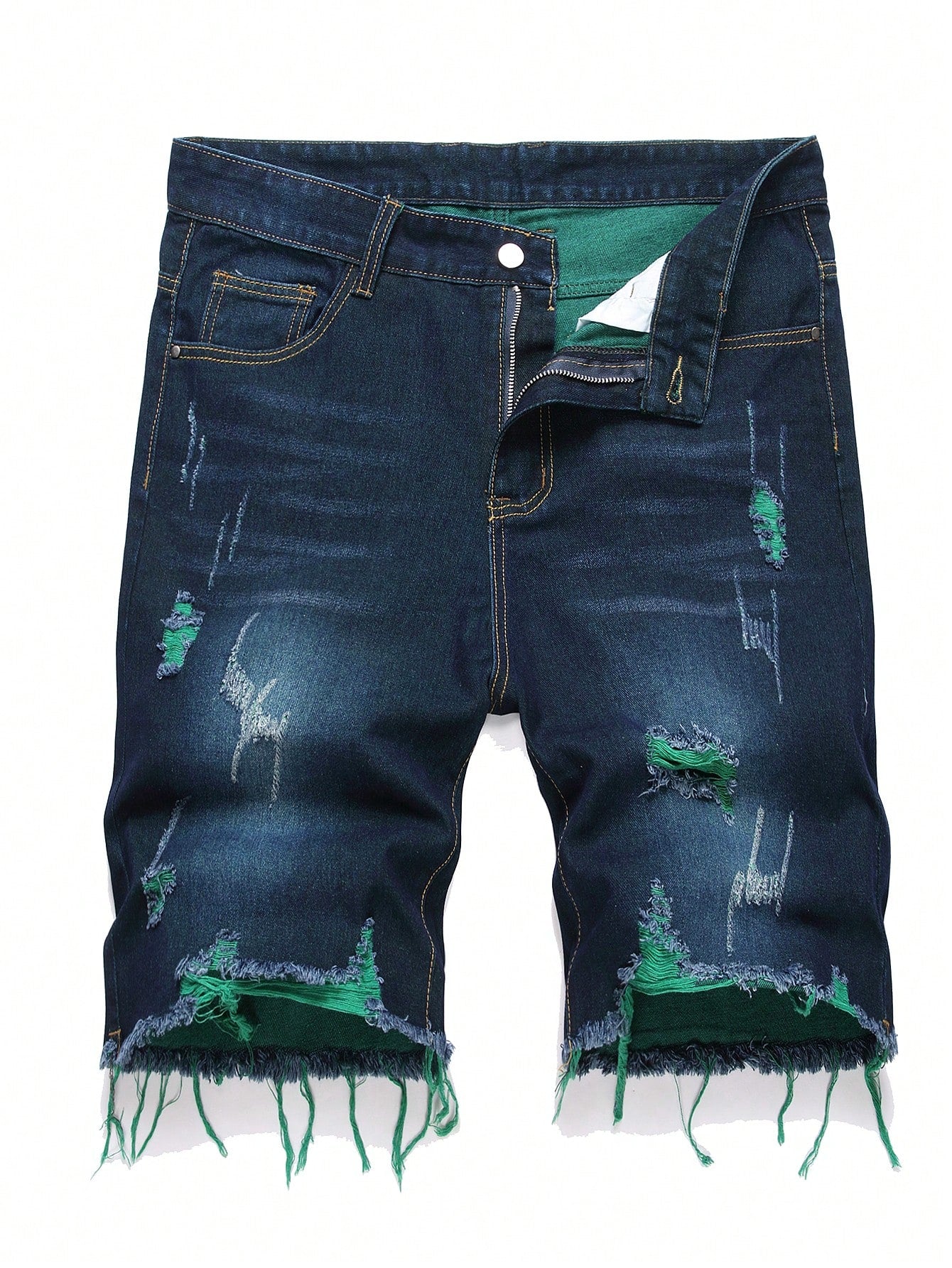 Men's Casual Denim Short With Distressed Design And Patched Pockets