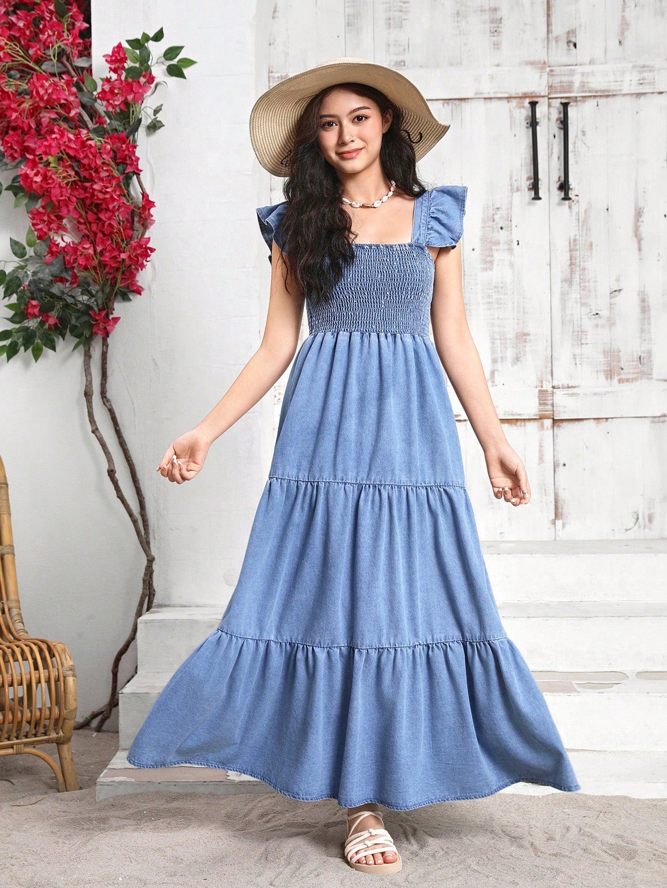 Teen Girl  Ruffle Hem Denim Overall  Jeans Dress Without Tee