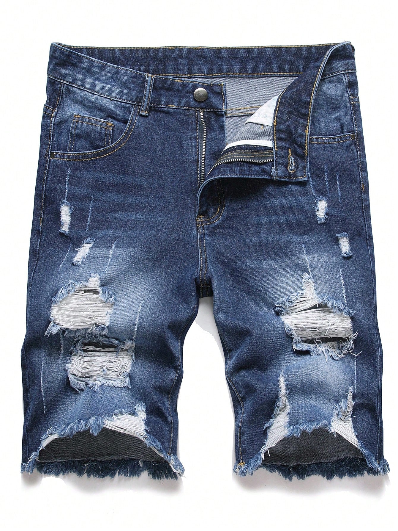 Men's Solid Color Frayed Denim Shorts With Pockets And Distressed Details, Summer