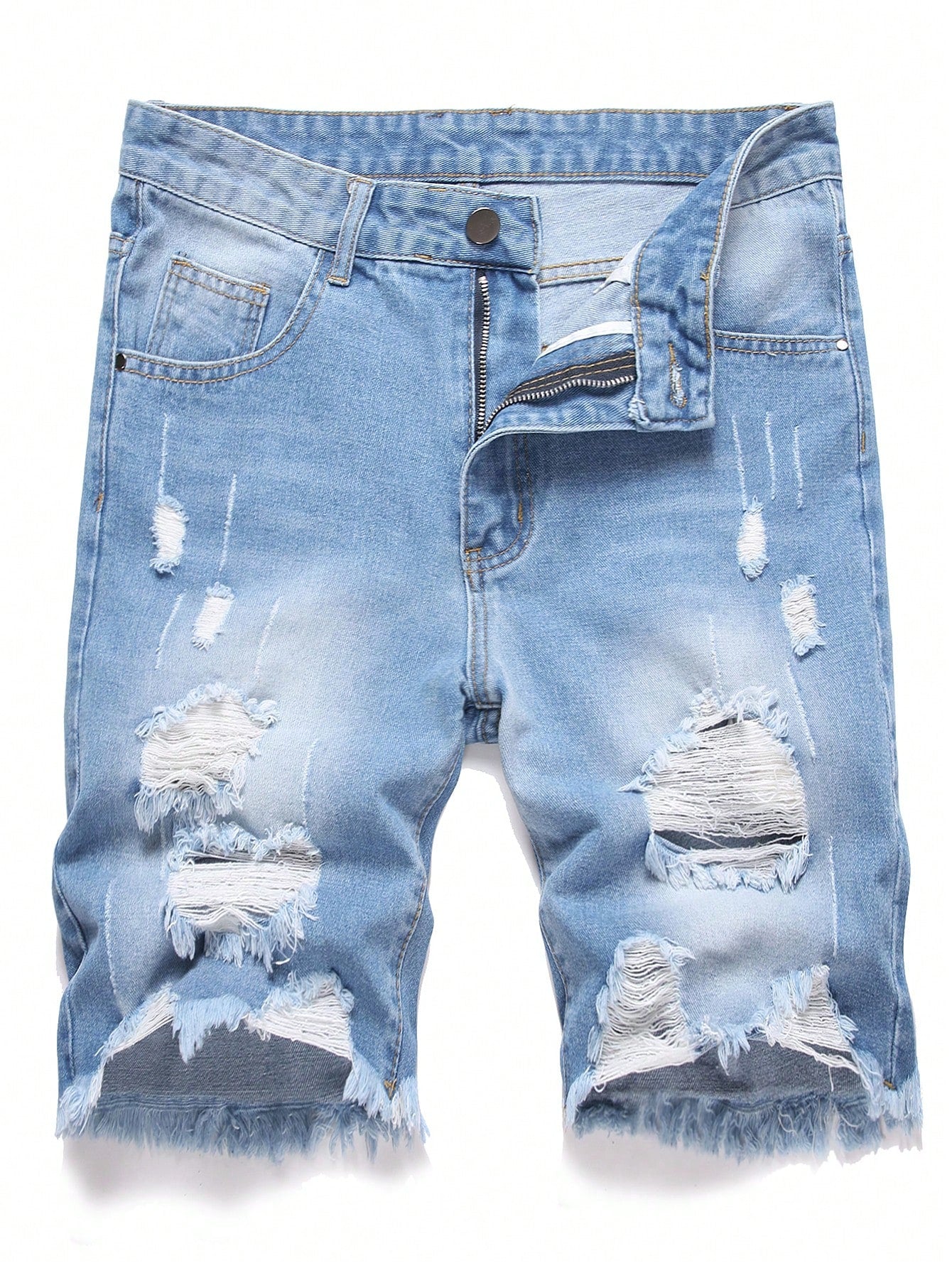 Men's Solid Color Frayed Denim Shorts With Pockets And Distressed Details, Summer