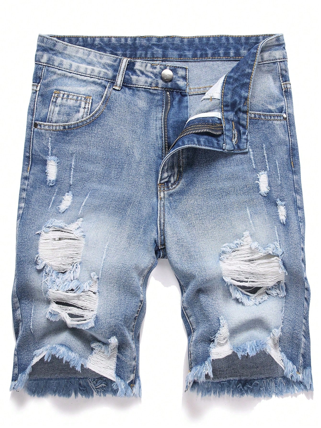 Men's Solid Color Frayed Denim Shorts With Pockets And Distressed Details, Summer