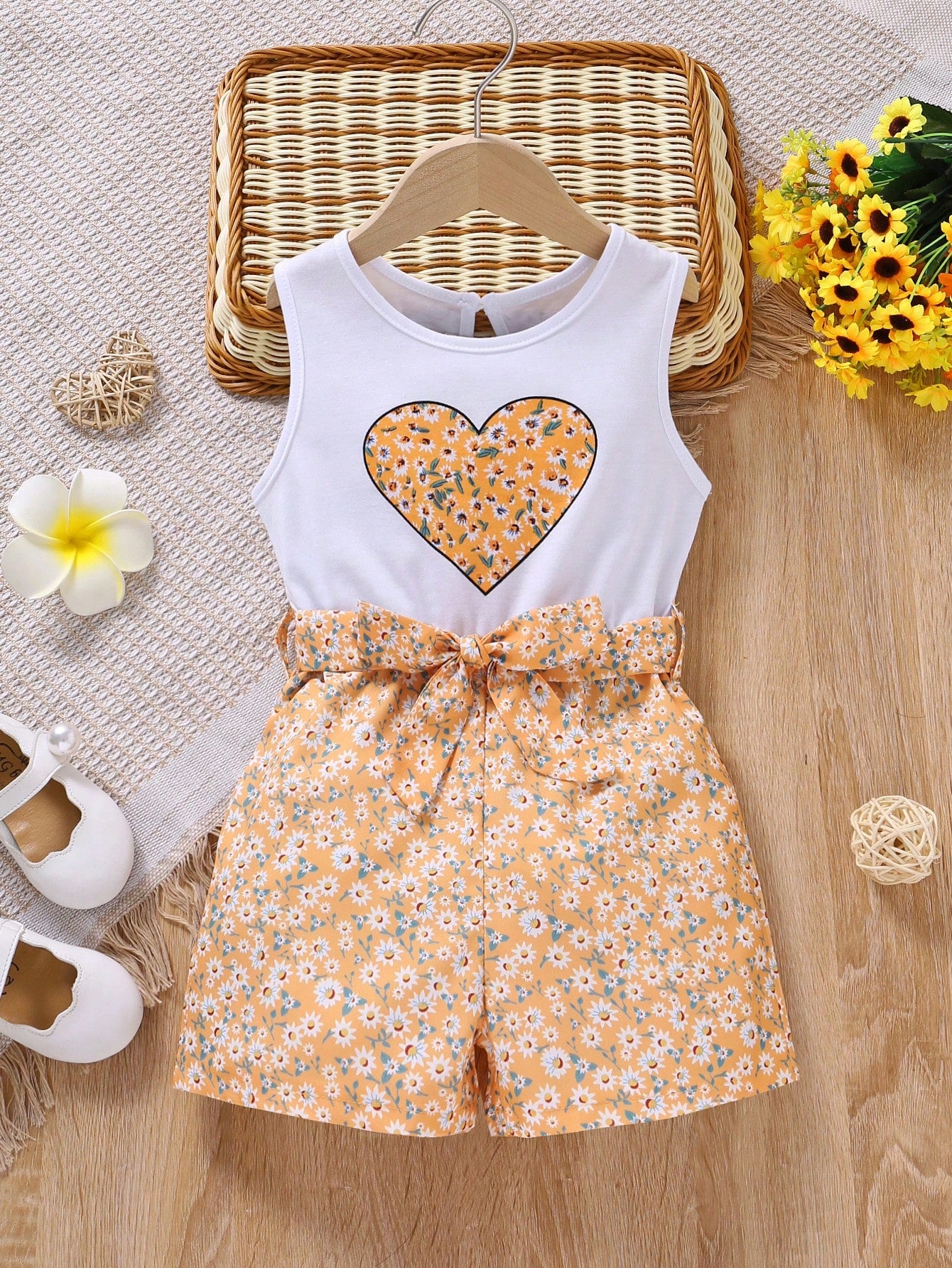 Young Girl Ditsy Floral & Heart Print Belted Tank Romper