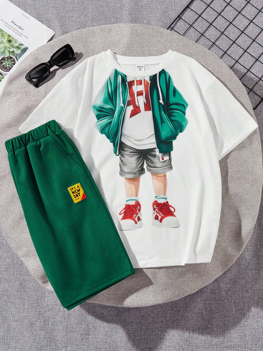 Tween Boys' Extended Size Printed Round Neck Short Sleeve T-Shirt With Woven Label, Loose Shorts Knitted Two-Piece Set