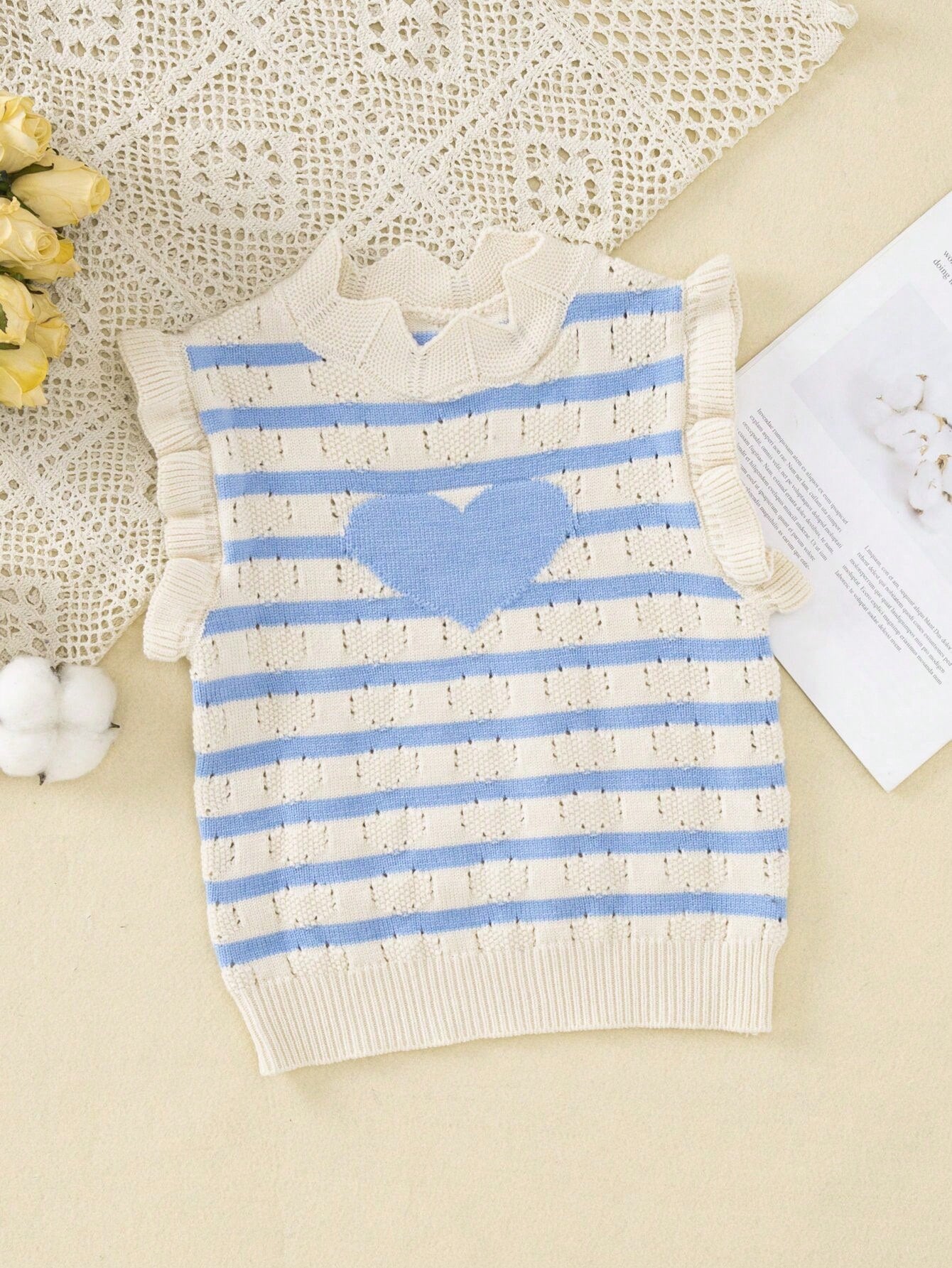 Young Girl Summer Heart & Stripe Pattern Patchwork Ruffle Edge Casual Sweater Vest