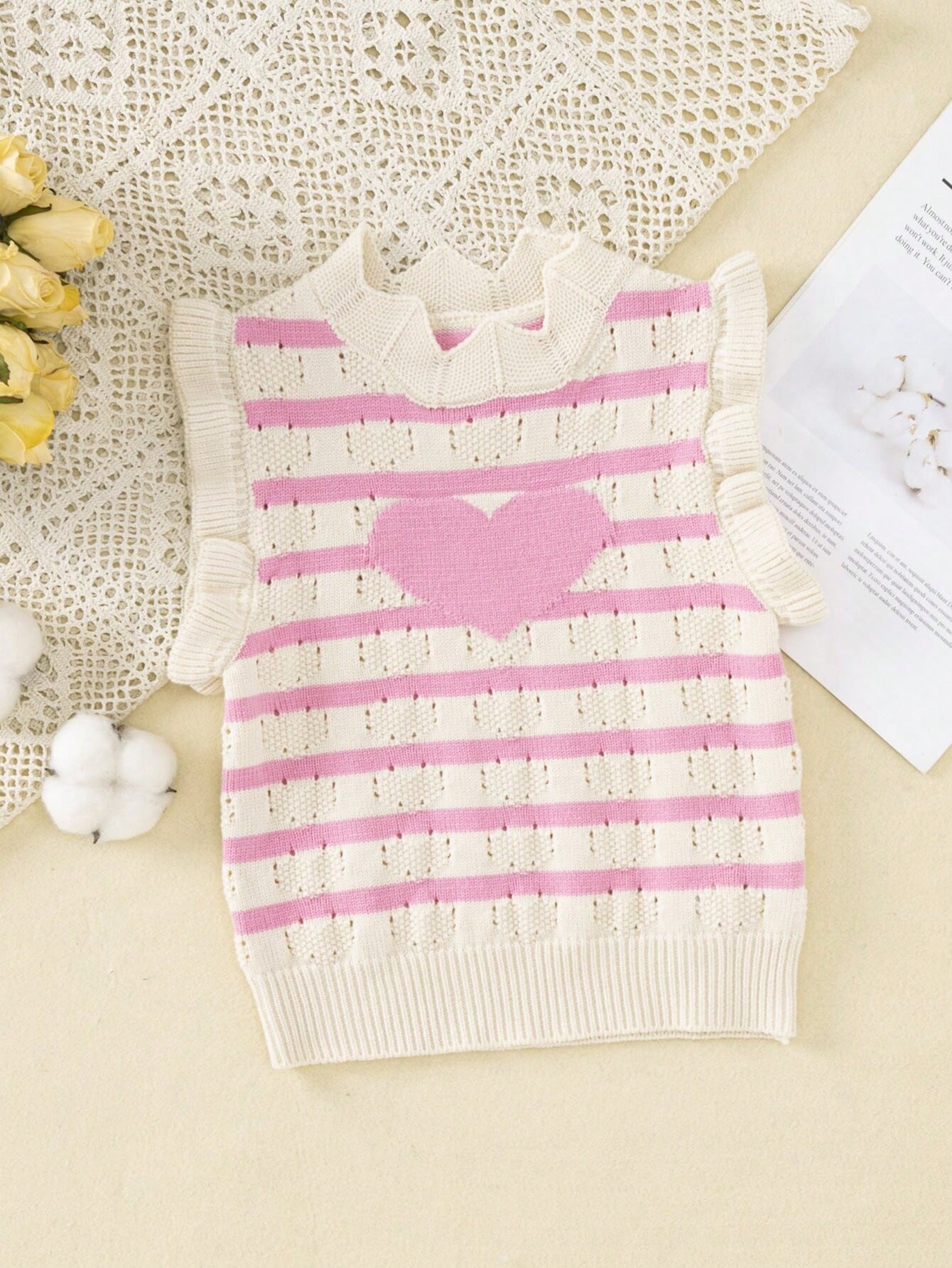 Young Girl Summer Heart & Stripe Pattern Patchwork Ruffle Edge Casual Sweater Vest