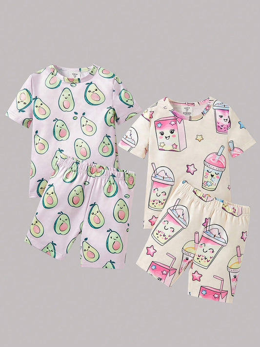 Young Girl Minimalist & Fun Avocado Printed Short Sleeve T-Shirt And Shorts Casual 2pcs Home Wear Set