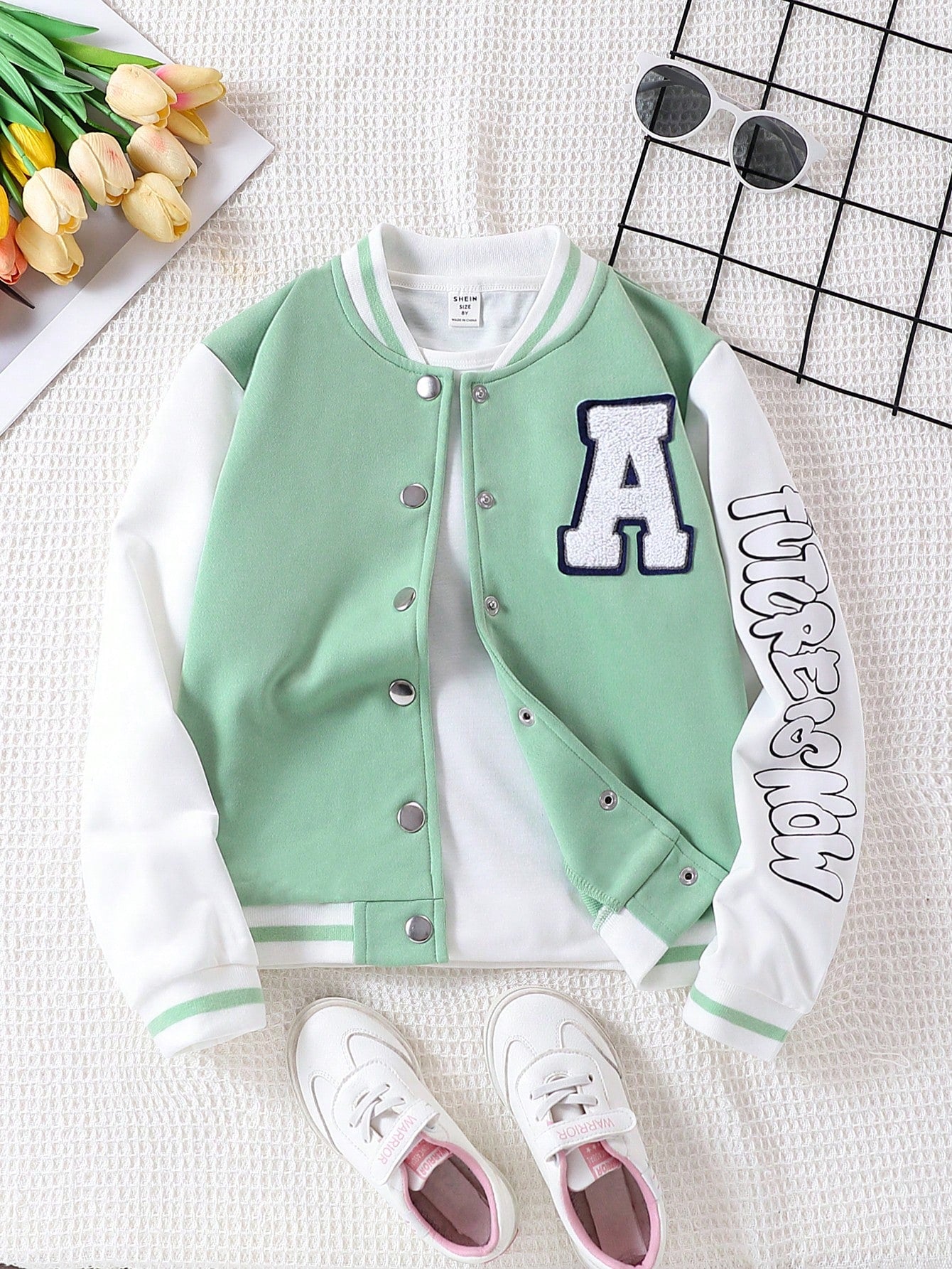 Tween Girl Spring And Autumn Casual Baseball Jacket With Letter Print And Color Block Patchwork