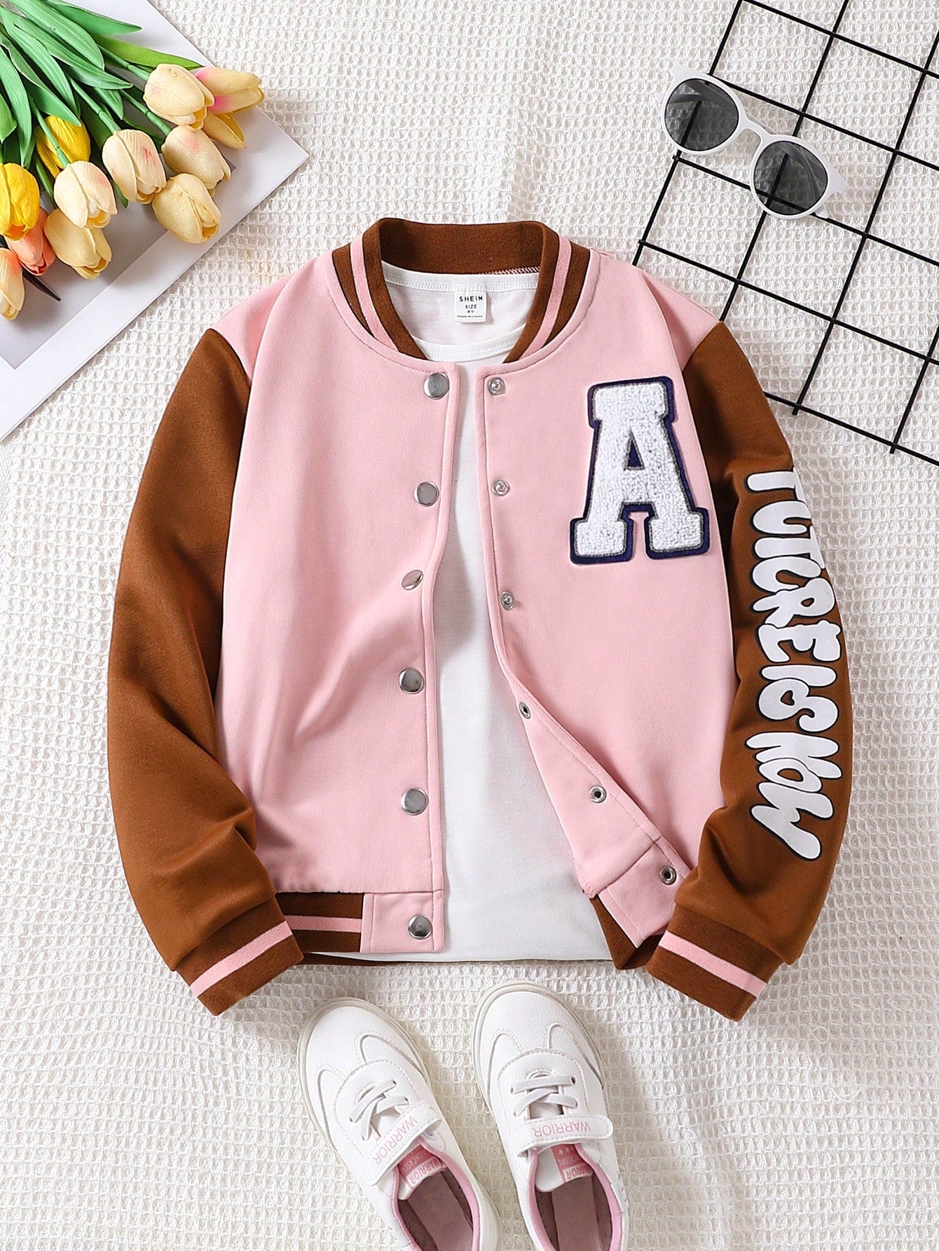 Tween Girl Letter Patched Striped Trim Colorblock Varsity Jacket