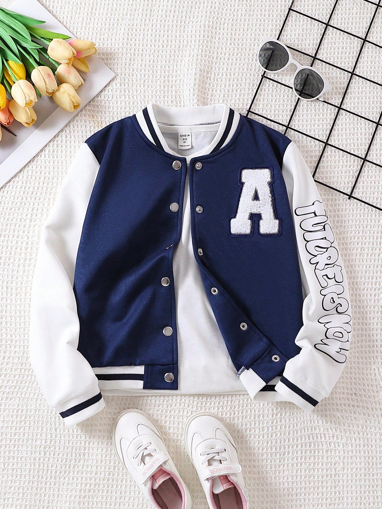 Tween Girl Letter Patched Striped Trim Colorblock Varsity Jacket