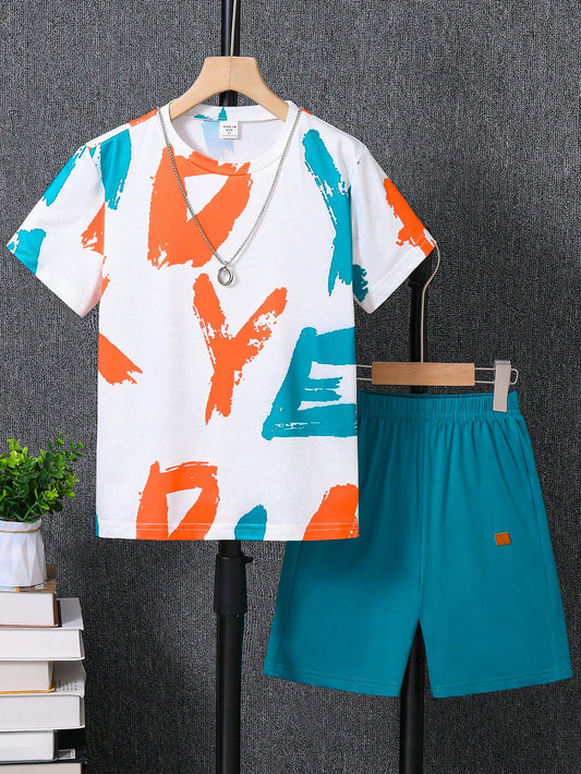 Tween Boy Colorful Printed Round Neck Short-Sleeved T-Shirt And Solid-Colored Shorts Set